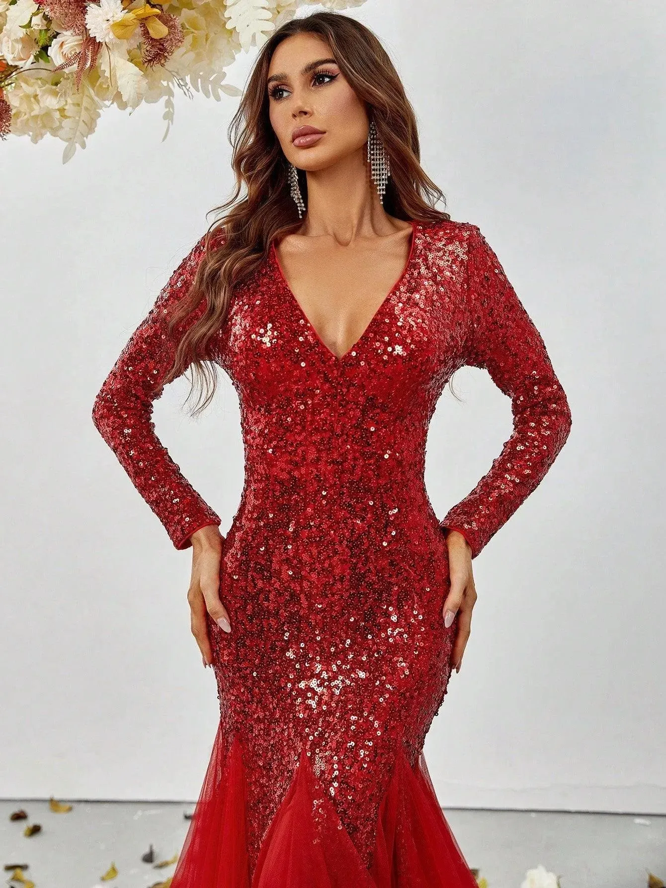 Elegant Long Sleeves Mesh Insert Mermaid Sequin Dress