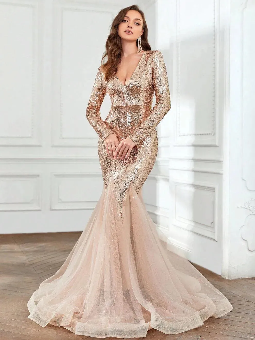 Elegant Long Sleeves Mesh Insert Mermaid Sequin Dress