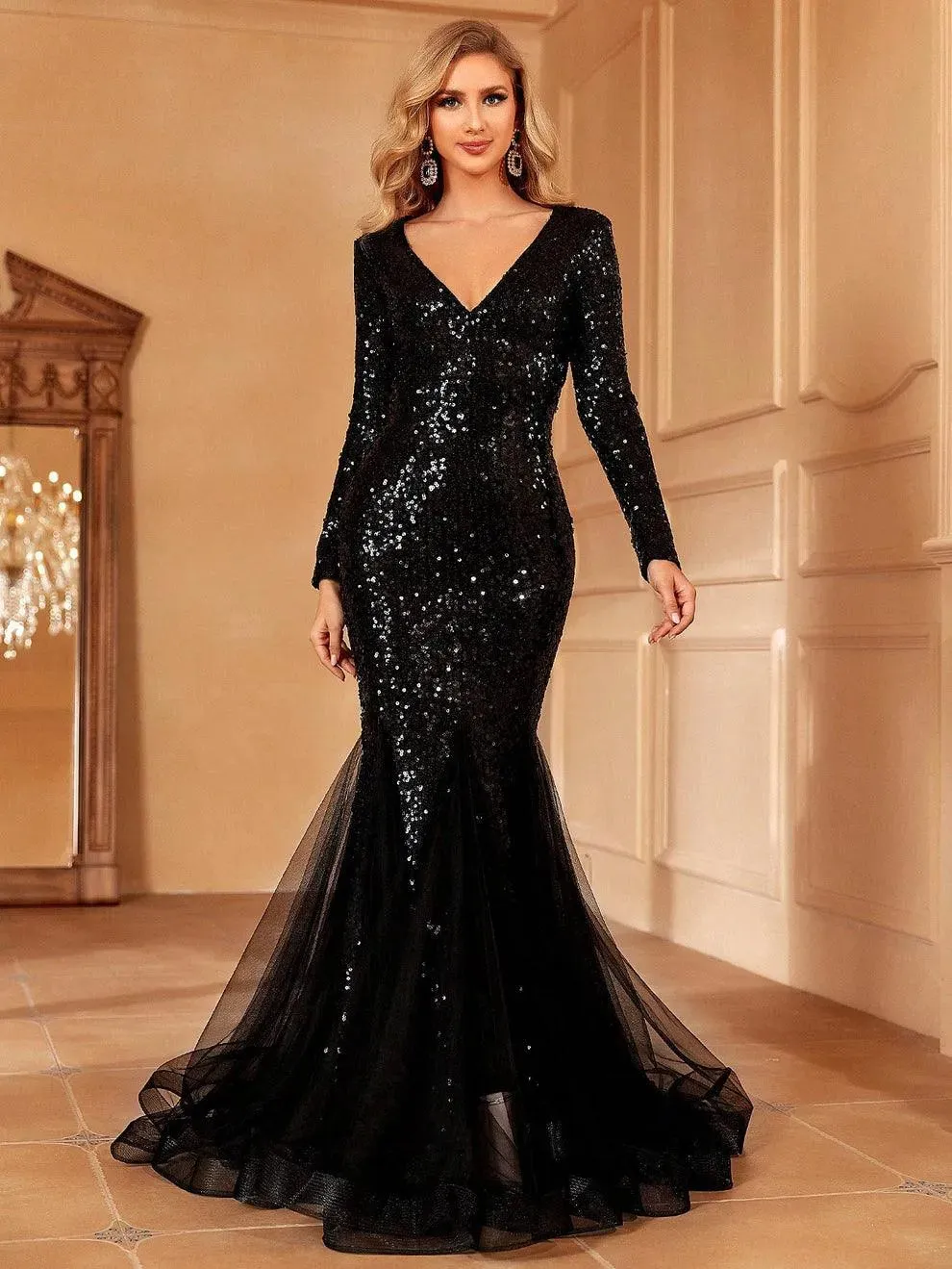Elegant Long Sleeves Mesh Insert Mermaid Sequin Dress