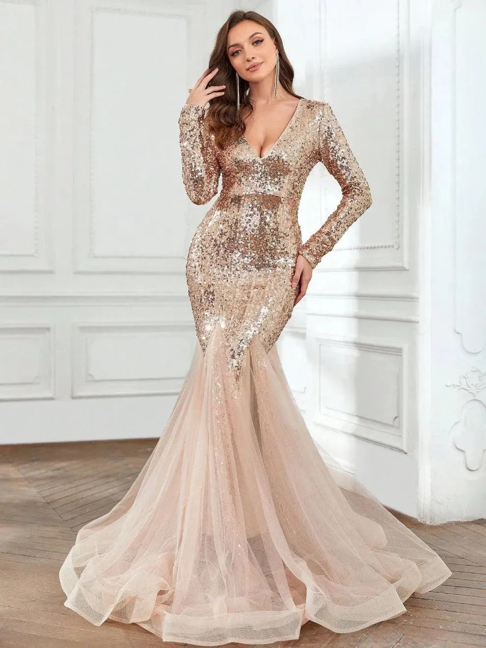 Elegant Long Sleeves Mesh Insert Mermaid Sequin Dress