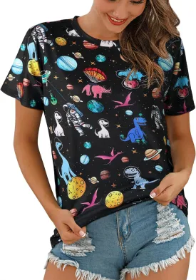 Ezcosplay Women Short Sleeve Space Shuttle Astronaut Universe Galaxy T-Shirt Graphic Shirt Casual Tee Tops