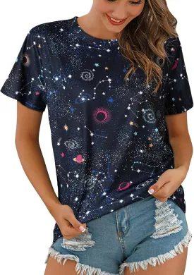 Ezcosplay Women Short Sleeve Space Shuttle Astronaut Universe Galaxy T-Shirt Graphic Shirt Casual Tee Tops