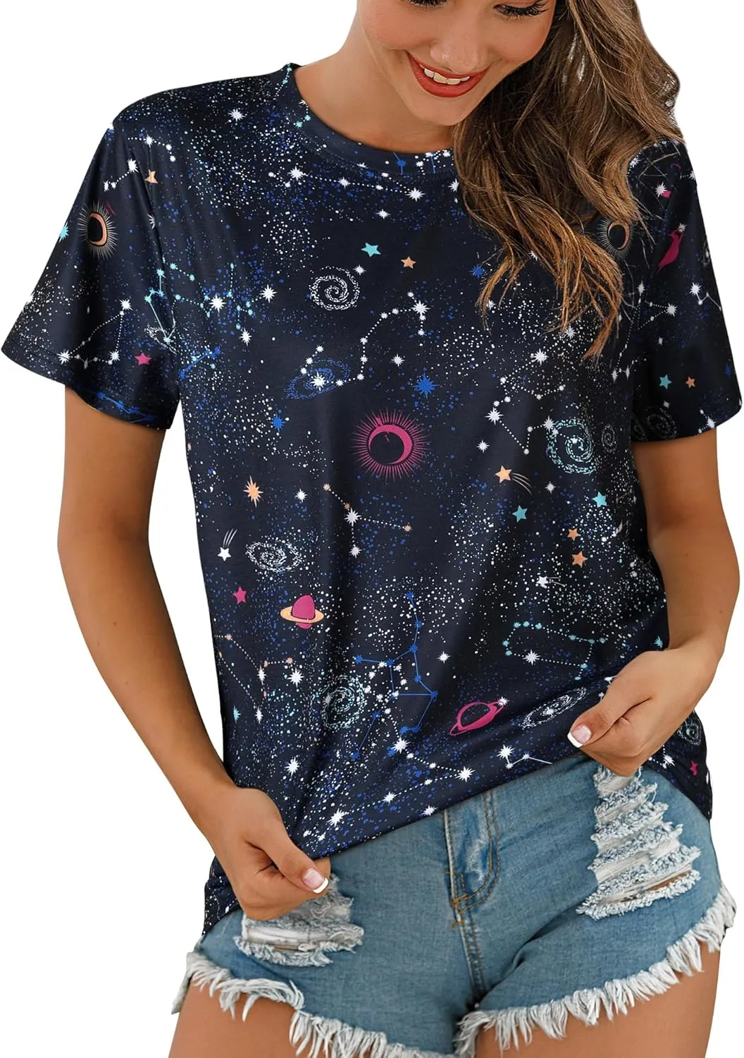 Ezcosplay Women Short Sleeve Space Shuttle Astronaut Universe Galaxy T-Shirt Graphic Shirt Casual Tee Tops