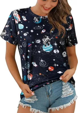 Ezcosplay Women Short Sleeve Space Shuttle Astronaut Universe Galaxy T-Shirt Graphic Shirt Casual Tee Tops