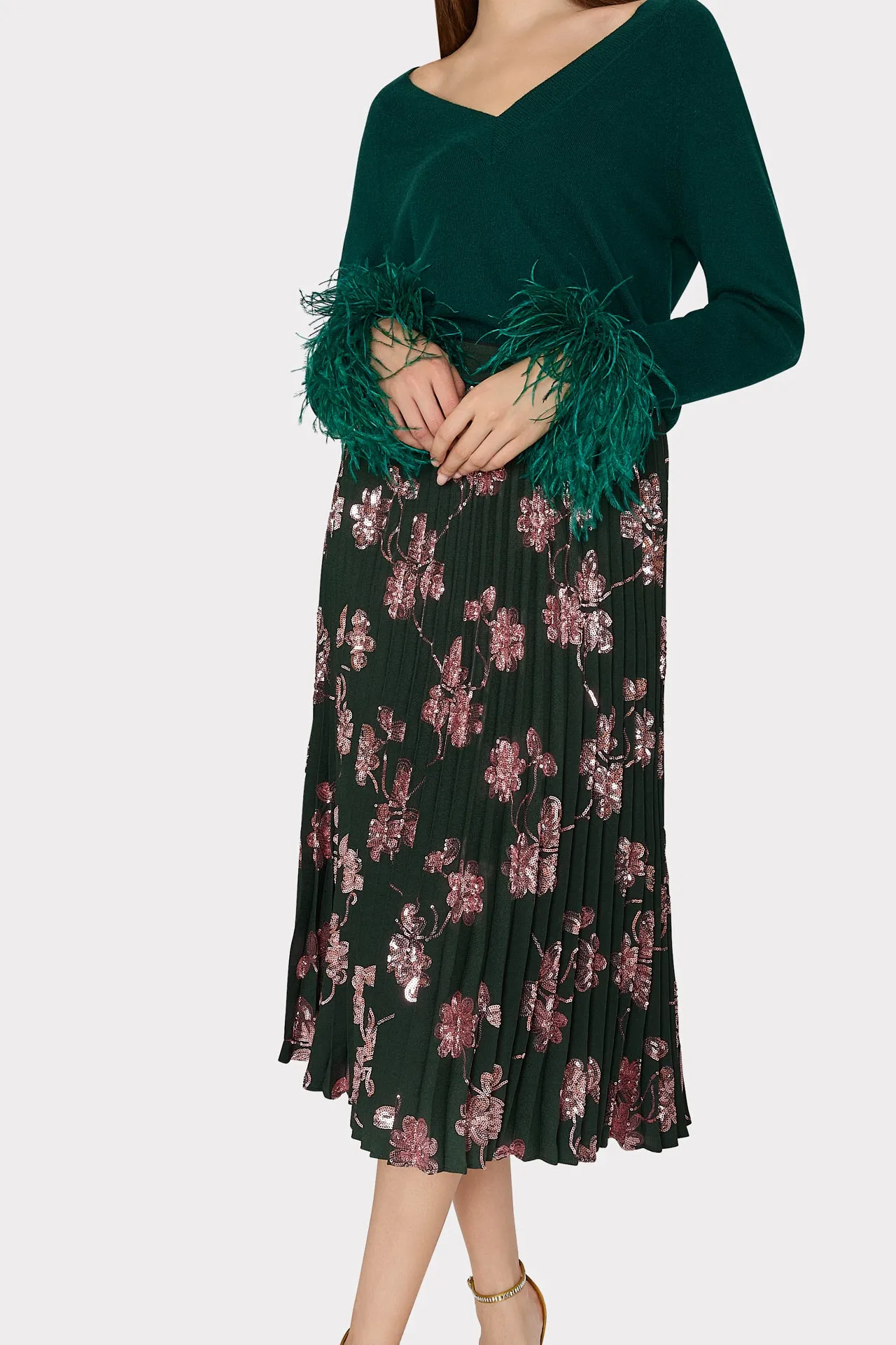 Feather Cuff V-Neck Sweater