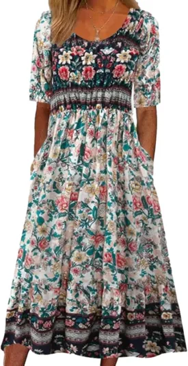 Geleglaer Women's Boho Floral Maxi Dress Summer Casual Crew Neck Short Sleeve Dress Flowy Bohemian Tshirt Dress with Pockets