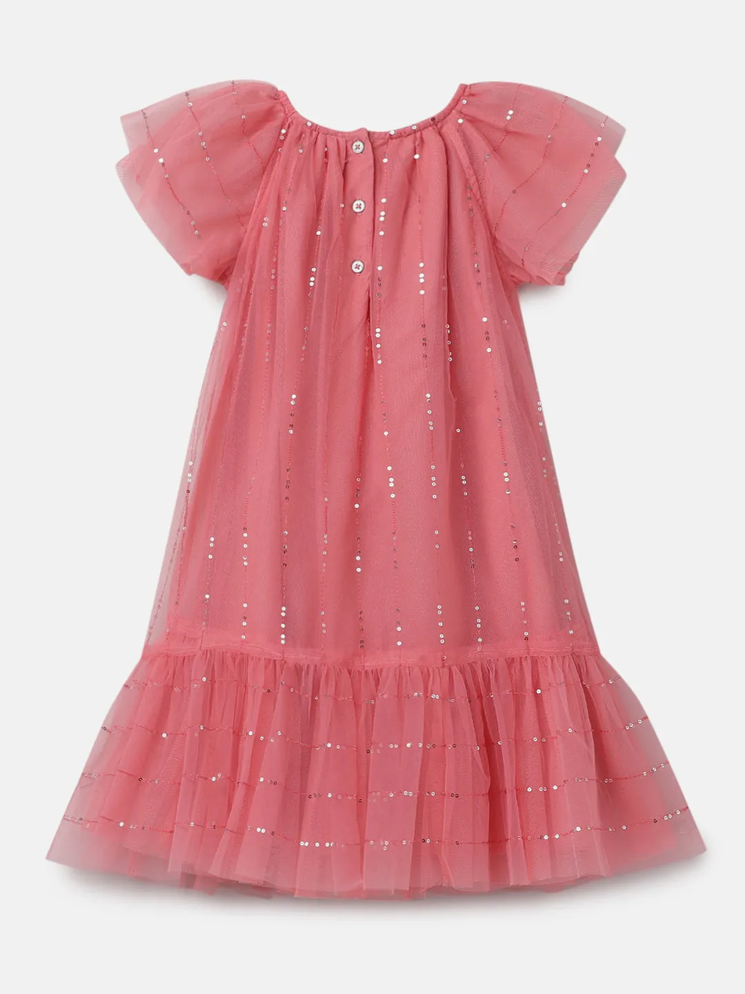 Girls Coral Pink Sequin Embellished Mesh Dress