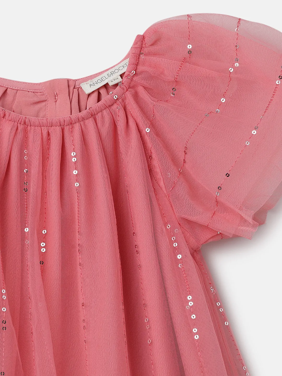 Girls Coral Pink Sequin Embellished Mesh Dress