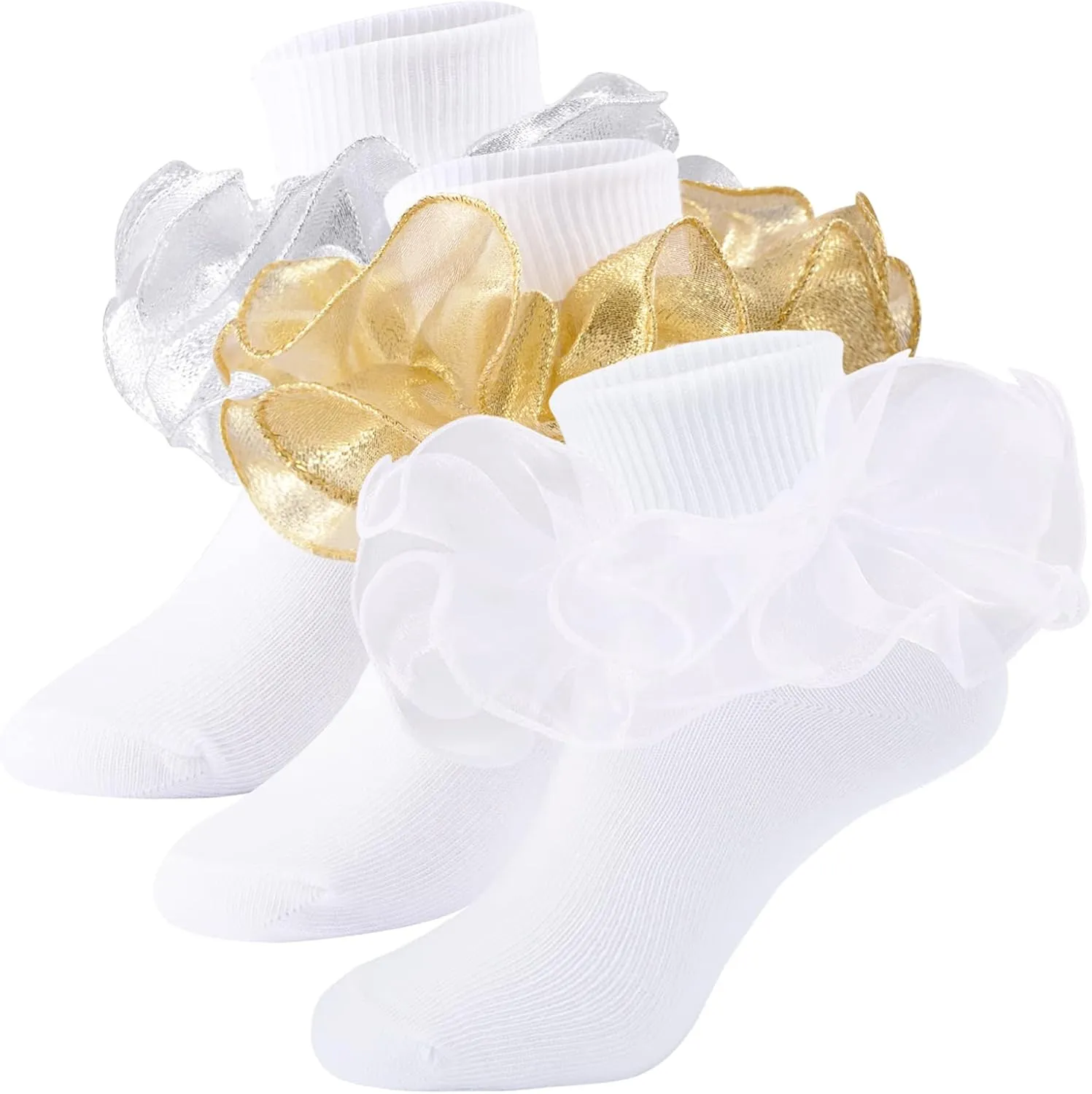 Girls Ruffle Socks Double Lace Frilly Dress Socks Kids Turn Cuff Socks for Toddler Little Girls 2/3 Pack