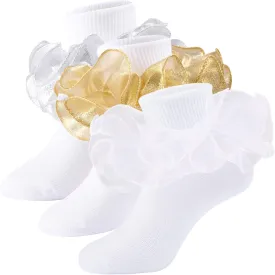 Girls Ruffle Socks Double Lace Frilly Dress Socks Kids Turn Cuff Socks for Toddler Little Girls 2/3 Pack