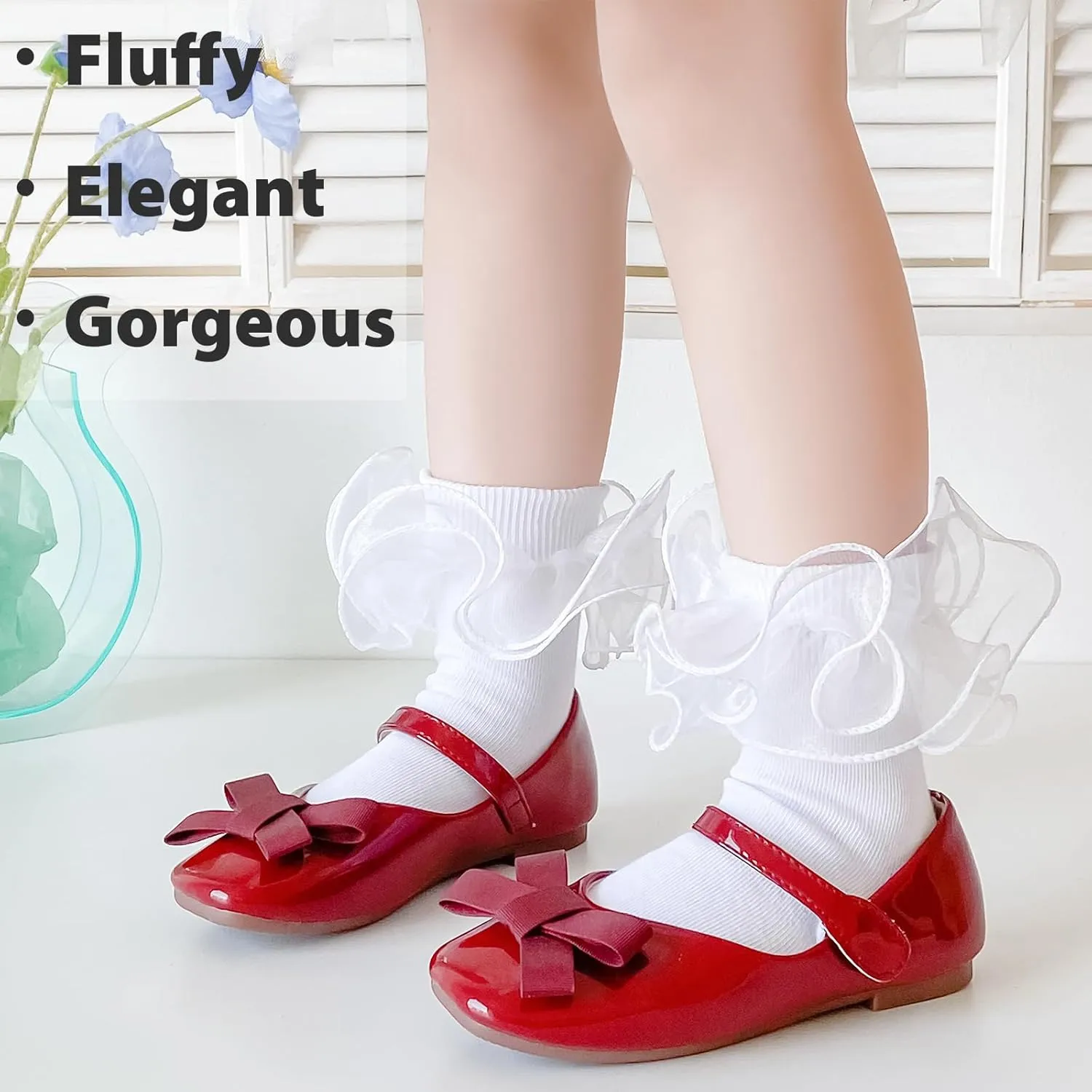 Girls Ruffle Socks Double Lace Frilly Dress Socks Kids Turn Cuff Socks for Toddler Little Girls 2/3 Pack