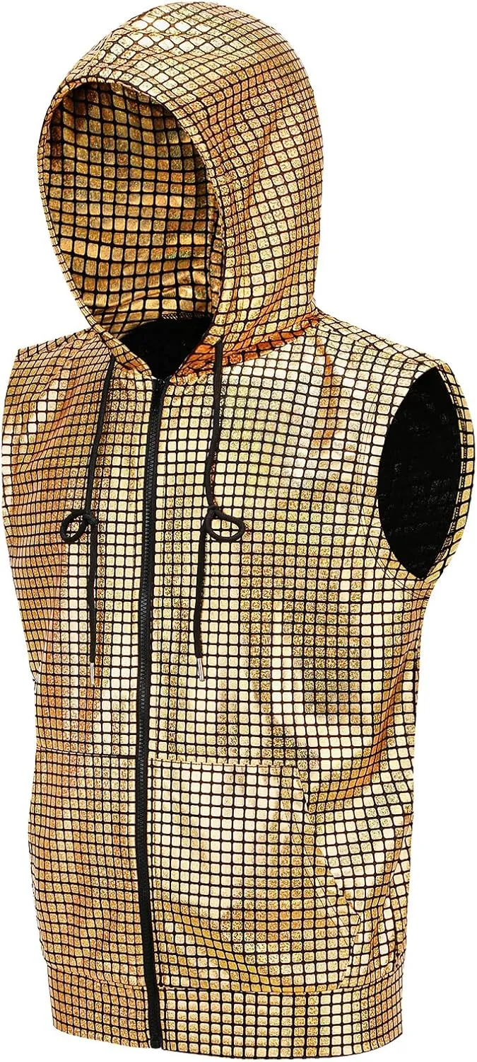 GRAJTCIN Metallic Sleeveless Hooded Vest for Men Zip Up Disco Vest Metallic Shirts