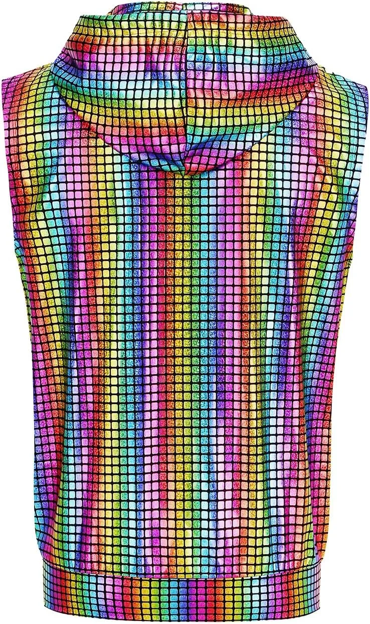 GRAJTCIN Metallic Sleeveless Hooded Vest for Men Zip Up Disco Vest Metallic Shirts