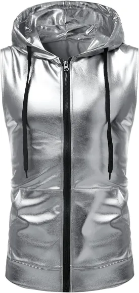 GRAJTCIN Metallic Sleeveless Hooded Vest for Men Zip Up Disco Vest Metallic Shirts