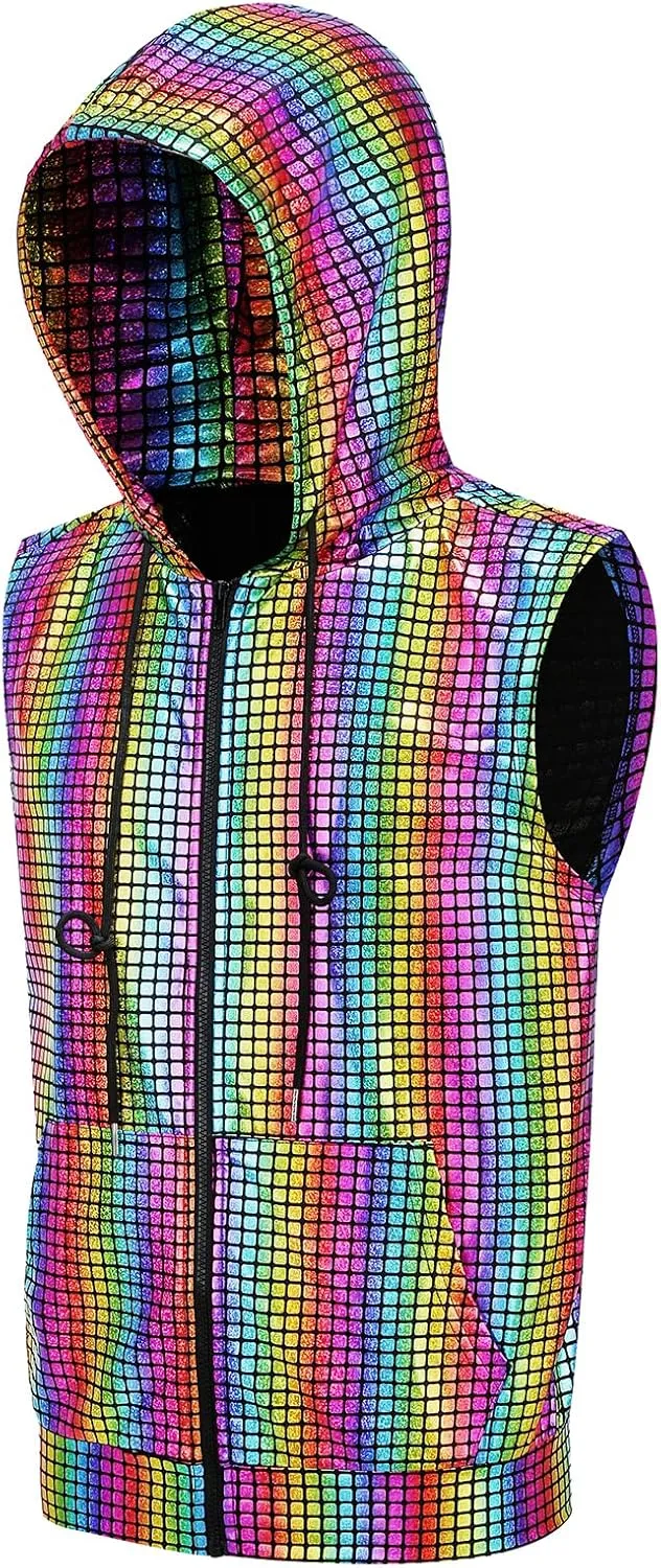 GRAJTCIN Metallic Sleeveless Hooded Vest for Men Zip Up Disco Vest Metallic Shirts