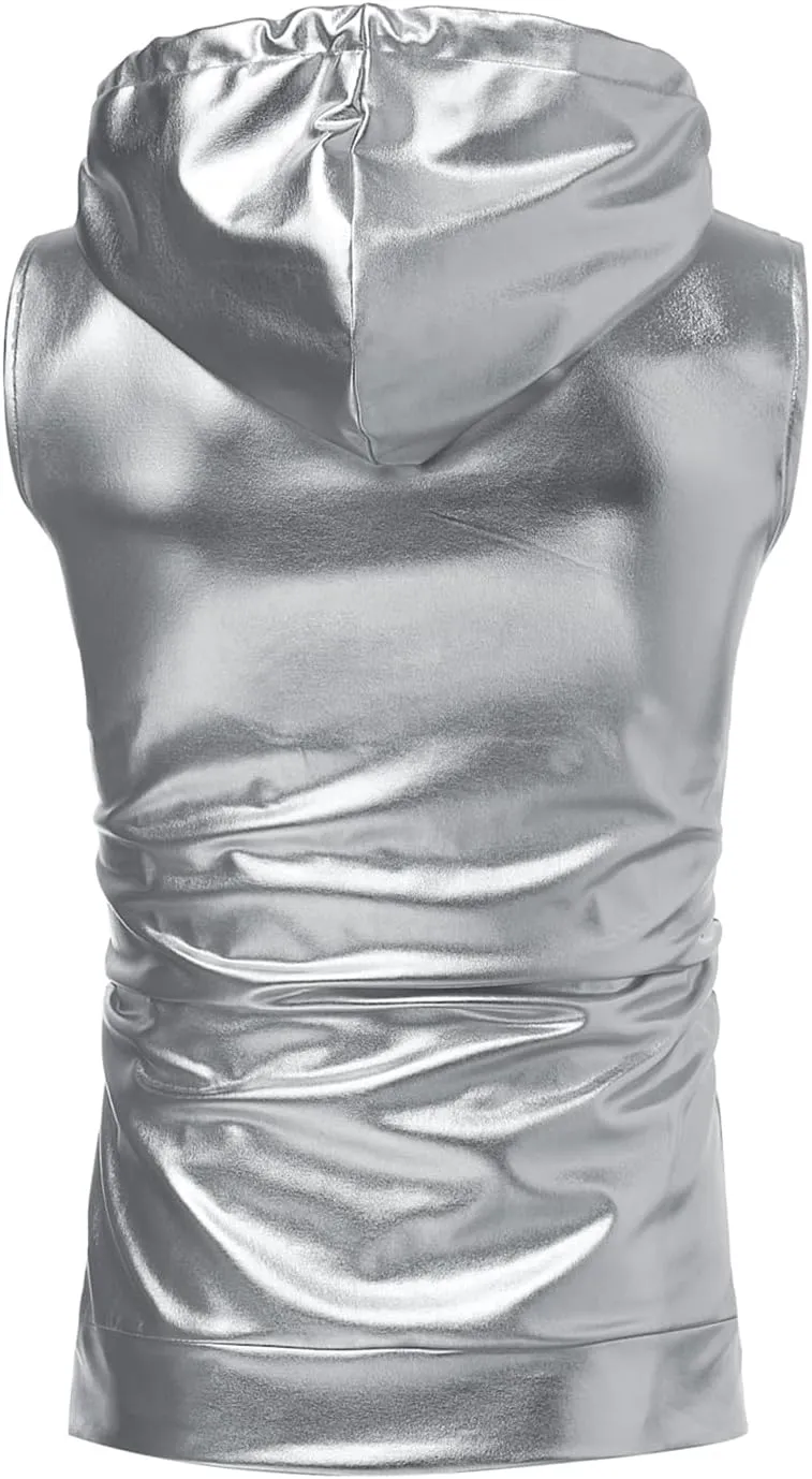 GRAJTCIN Metallic Sleeveless Hooded Vest for Men Zip Up Disco Vest Metallic Shirts