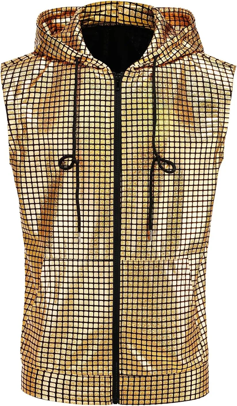 GRAJTCIN Metallic Sleeveless Hooded Vest for Men Zip Up Disco Vest Metallic Shirts