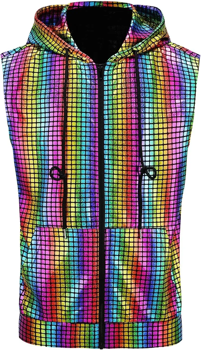 GRAJTCIN Metallic Sleeveless Hooded Vest for Men Zip Up Disco Vest Metallic Shirts
