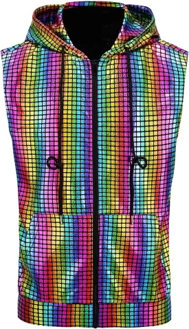 GRAJTCIN Metallic Sleeveless Hooded Vest for Men Zip Up Disco Vest Metallic Shirts