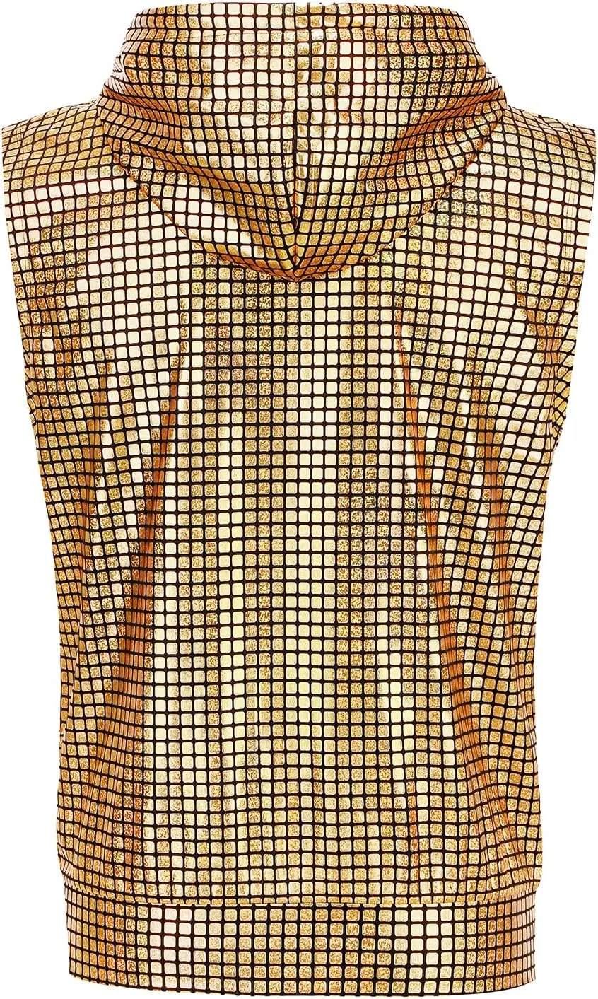 GRAJTCIN Metallic Sleeveless Hooded Vest for Men Zip Up Disco Vest Metallic Shirts