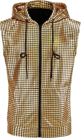 GRAJTCIN Metallic Sleeveless Hooded Vest for Men Zip Up Disco Vest Metallic Shirts