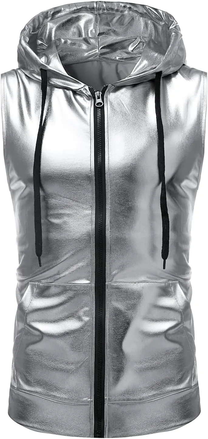 GRAJTCIN Metallic Sleeveless Hooded Vest for Men Zip Up Disco Vest Metallic Shirts