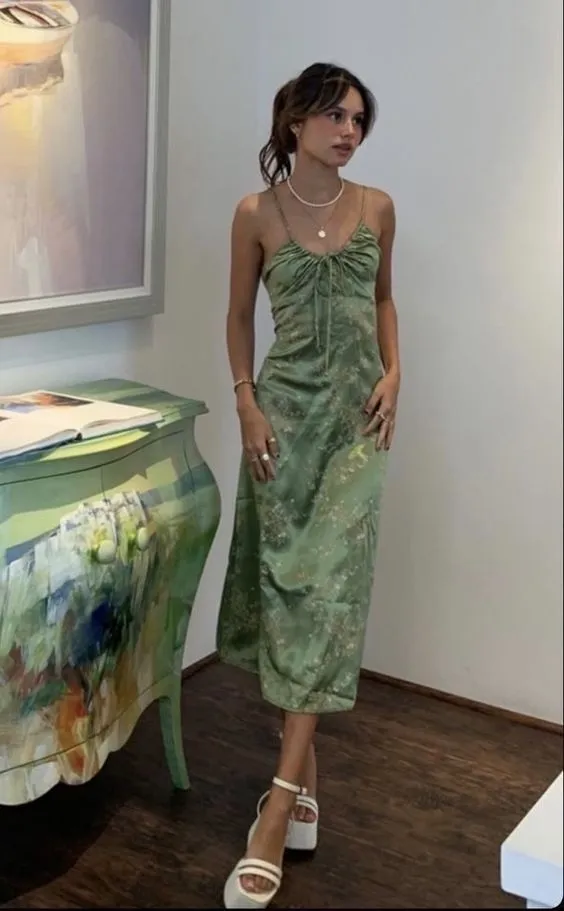 Green Vintage Printed Satin Party Dress Midi Length Formal Prom Dress  SH1246