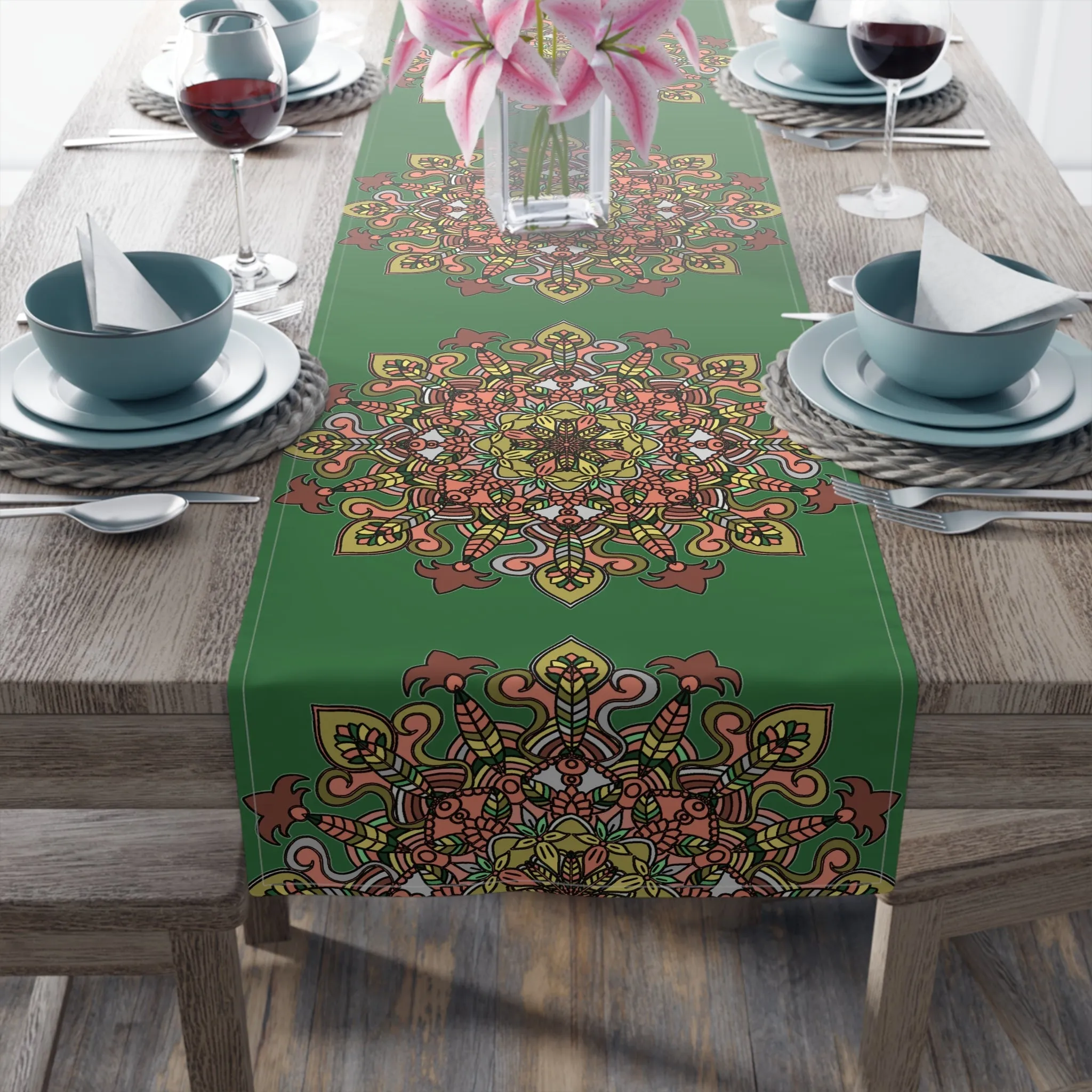 Hand Drawn Mandala Art Christmas Table Runner - Green