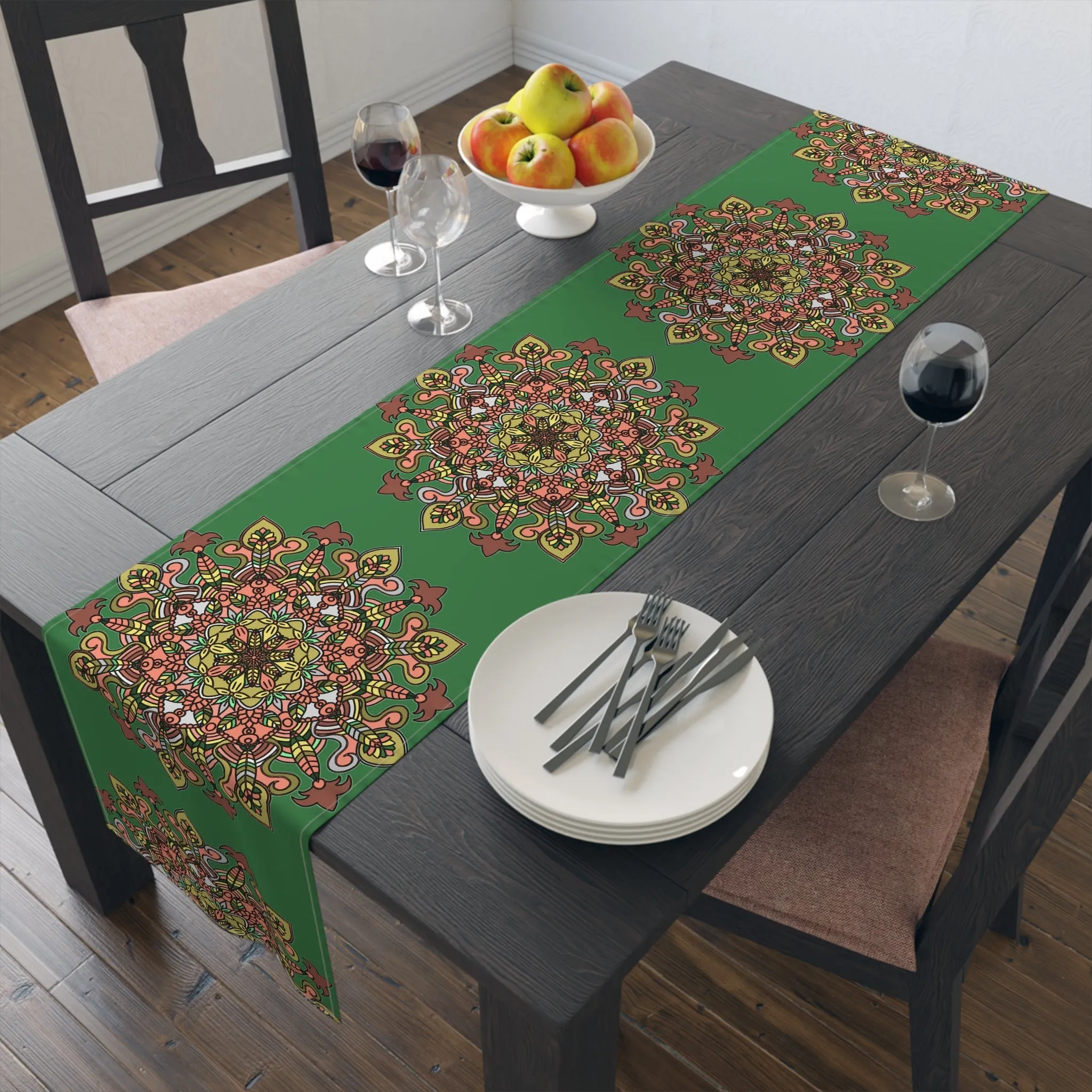 Hand Drawn Mandala Art Christmas Table Runner - Green