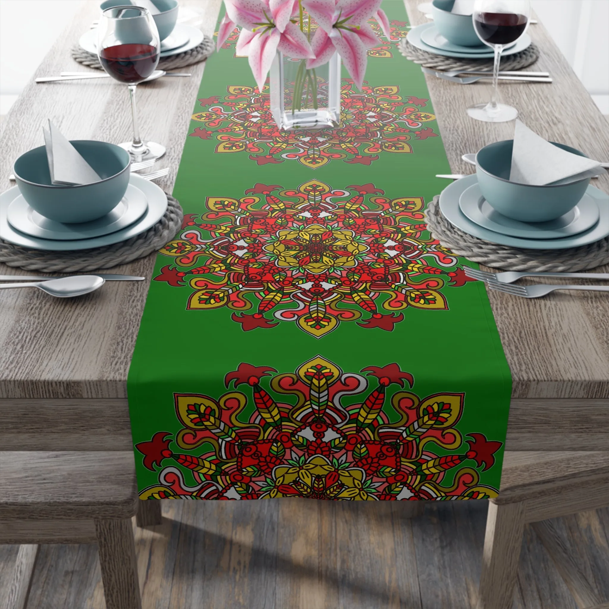 Hand Drawn Mandala Art Christmas Table Runner - Green