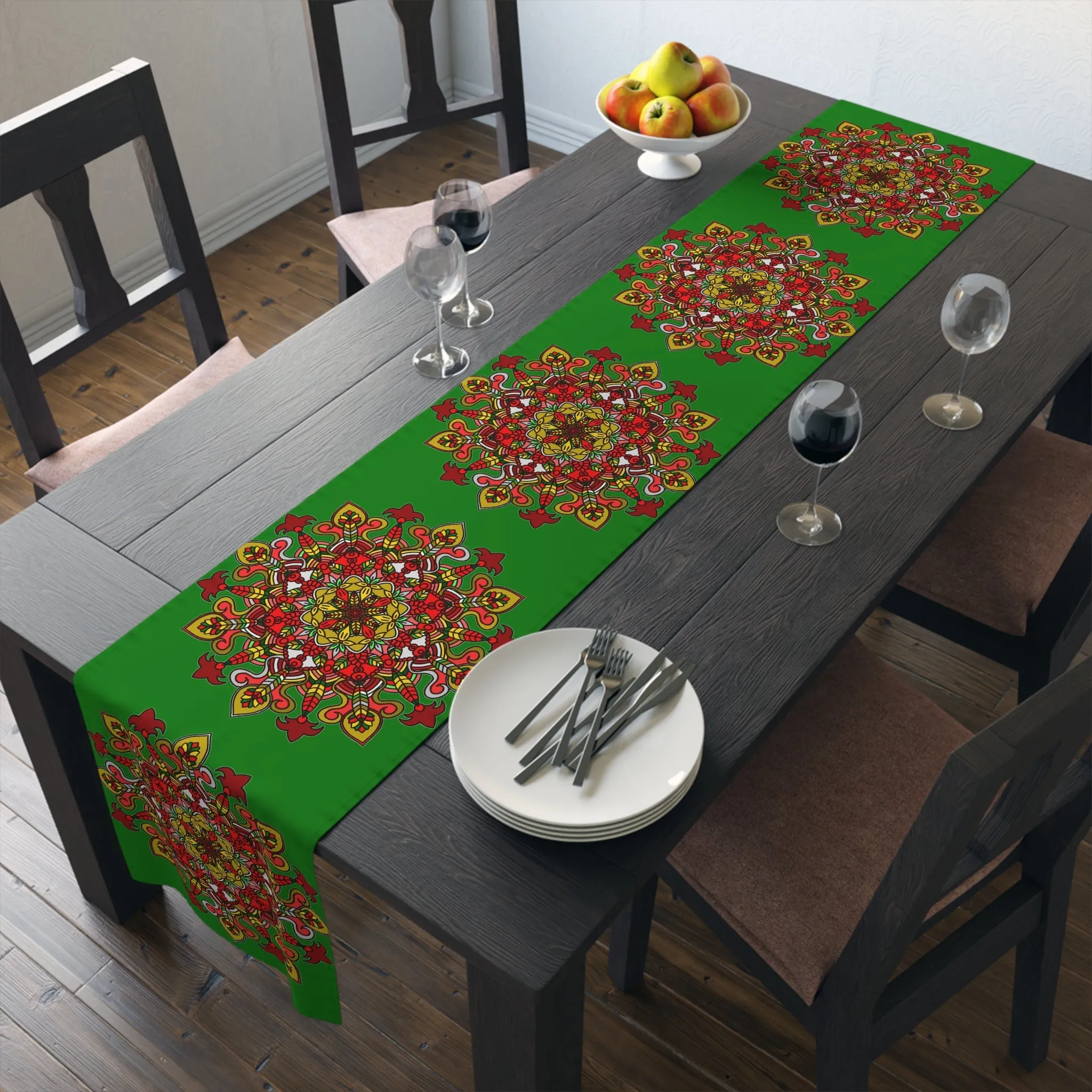 Hand Drawn Mandala Art Christmas Table Runner - Green