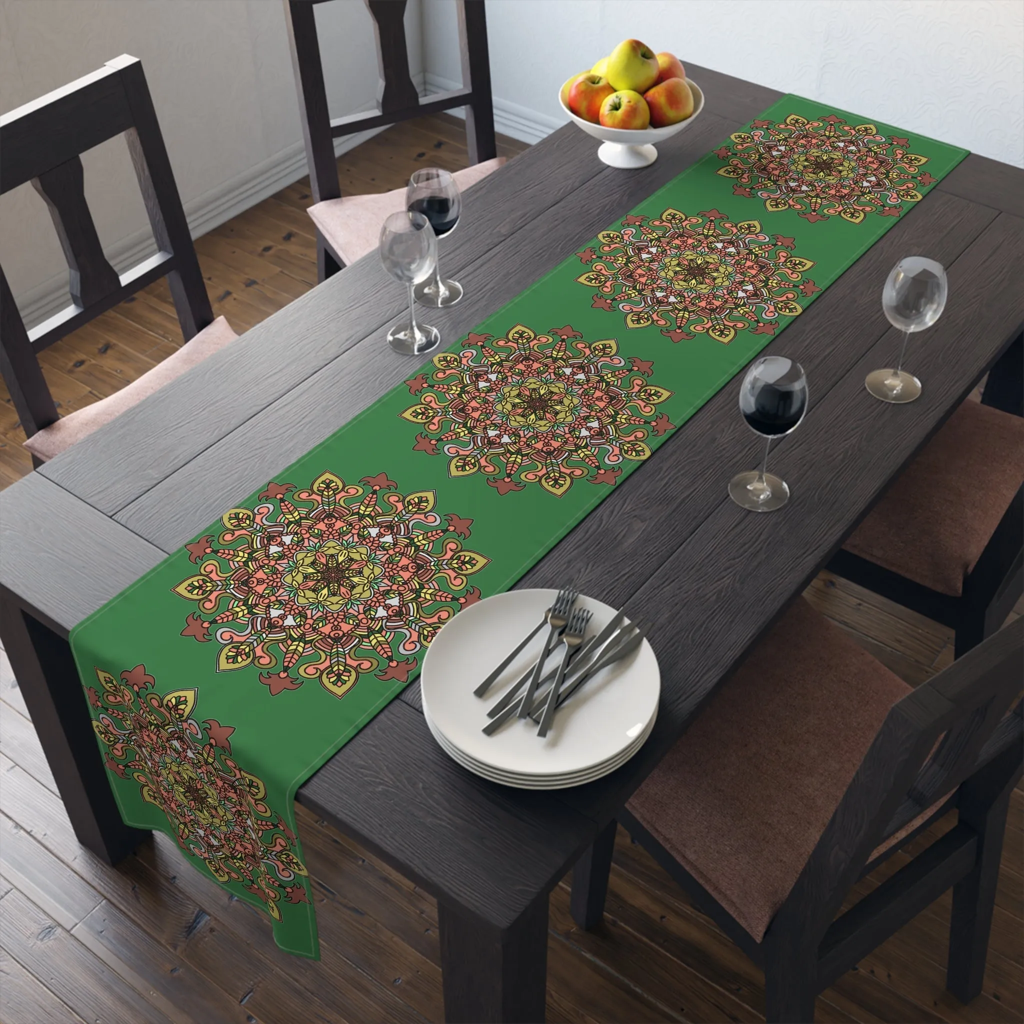 Hand Drawn Mandala Art Christmas Table Runner - Green