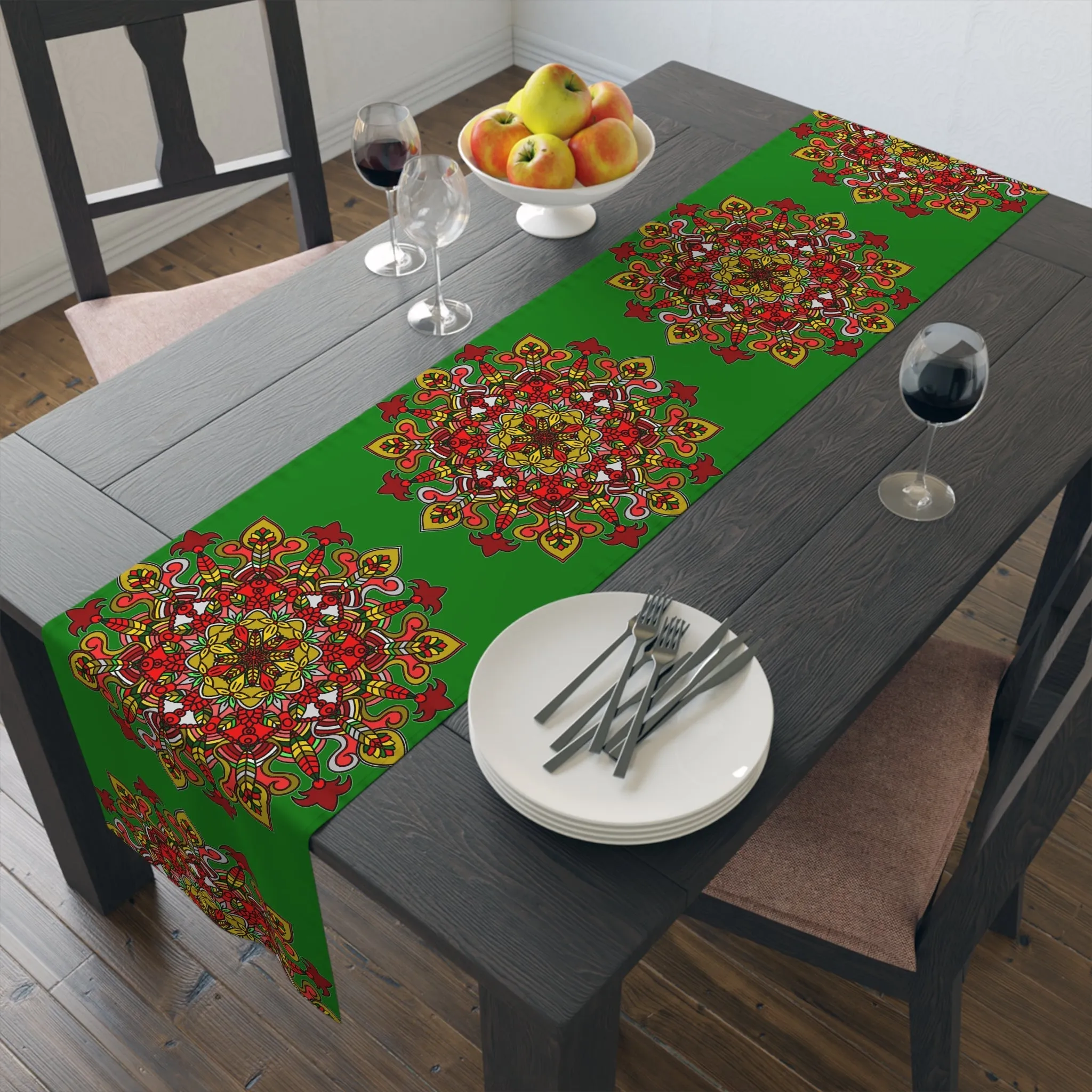Hand Drawn Mandala Art Christmas Table Runner - Green