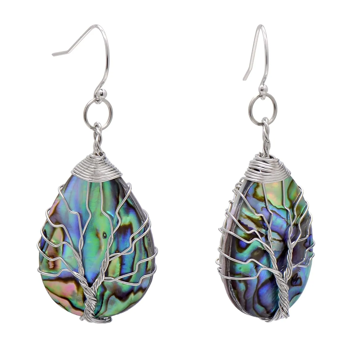 Handmade Teardrop Abalone Shell Dangle Earrings for Women, Wirework Silvery Tree of Life Earrings