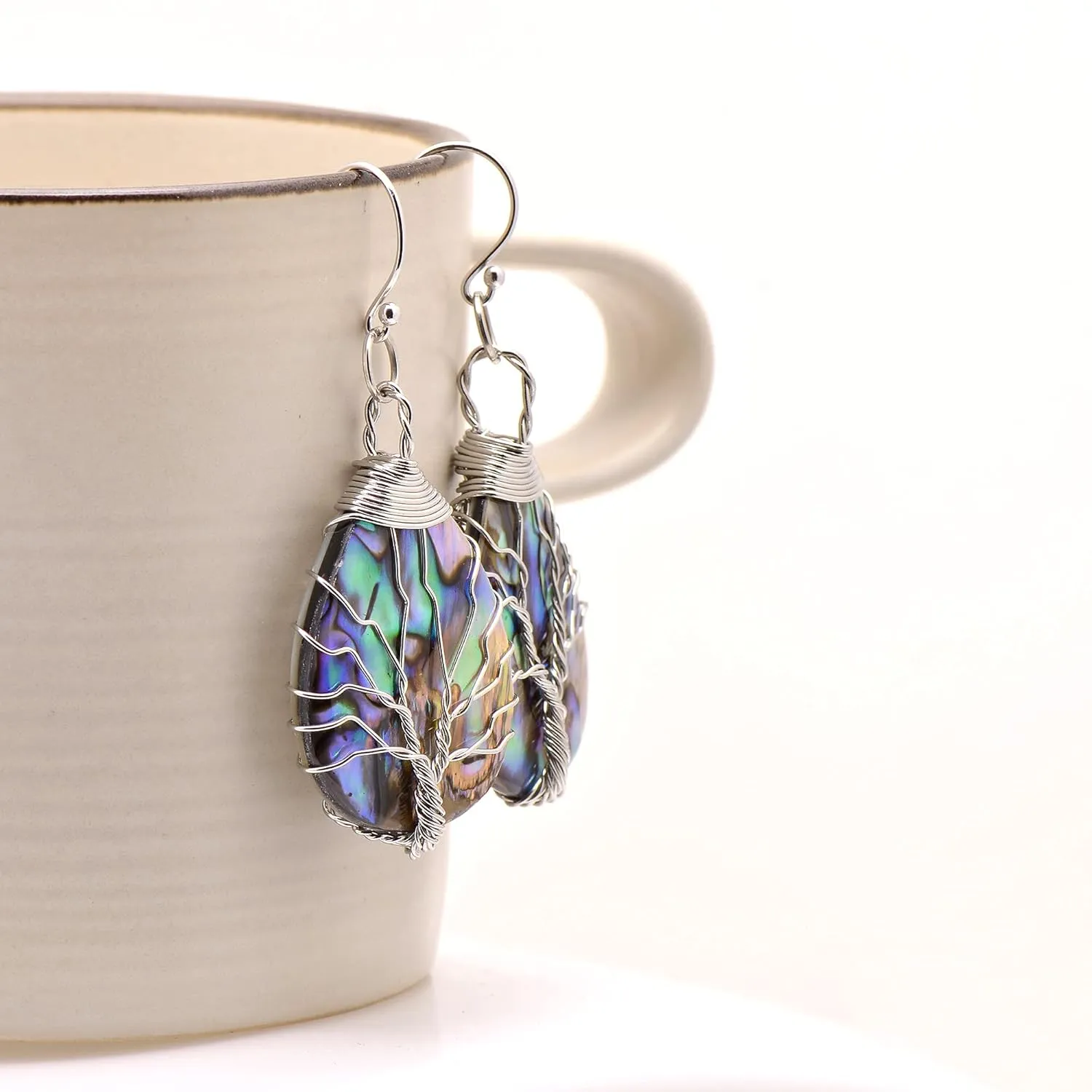 Handmade Teardrop Abalone Shell Dangle Earrings for Women, Wirework Silvery Tree of Life Earrings