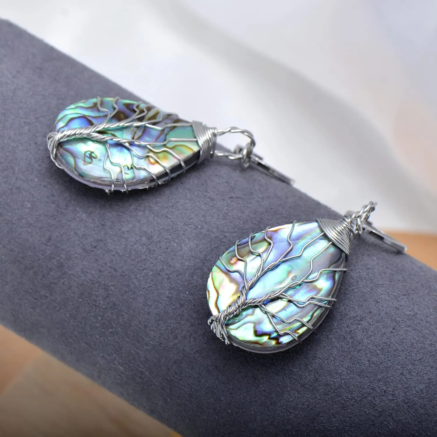 Handmade Teardrop Abalone Shell Dangle Earrings for Women, Wirework Silvery Tree of Life Earrings
