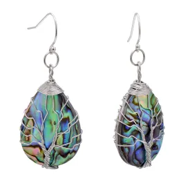Handmade Teardrop Abalone Shell Dangle Earrings for Women, Wirework Silvery Tree of Life Earrings