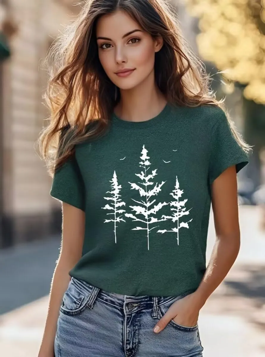 Hike Mountain Camping T Shirt for Women Adventure Awaits Nature Travel Short Sleeve Pine Tree Kindness Heart Printed Top