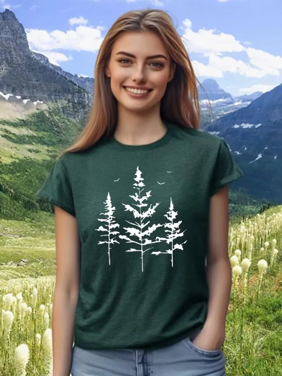 Hike Mountain Camping T Shirt for Women Adventure Awaits Nature Travel Short Sleeve Pine Tree Kindness Heart Printed Top