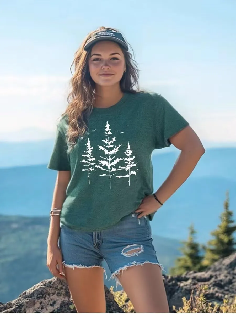 Hike Mountain Camping T Shirt for Women Adventure Awaits Nature Travel Short Sleeve Pine Tree Kindness Heart Printed Top