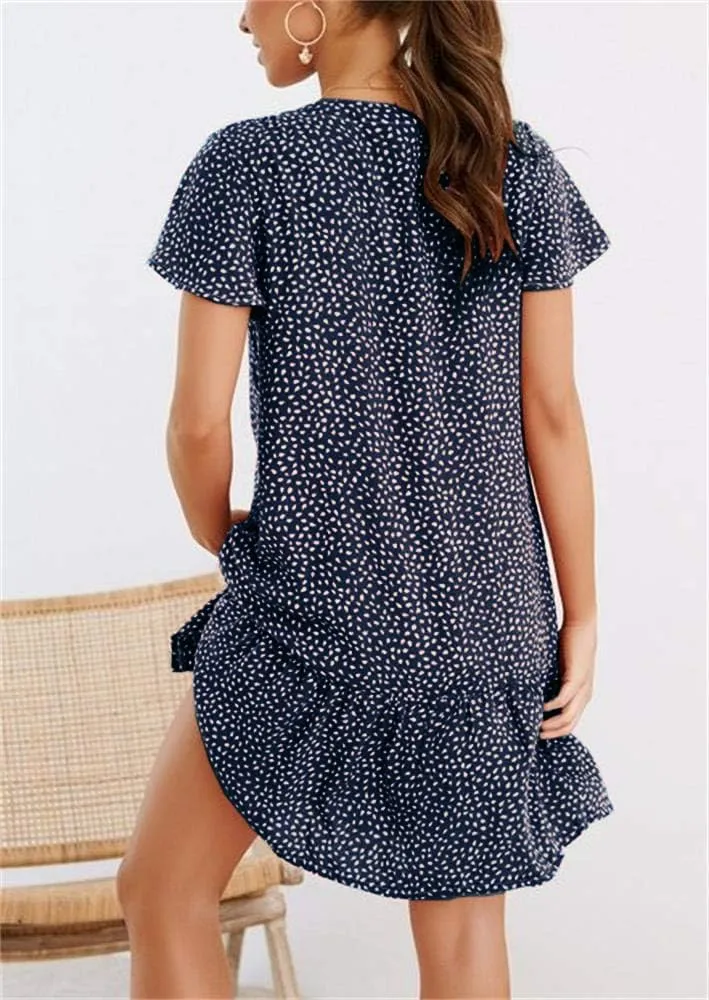 Imysty Womens Polka Dot V Neck Button Down Ruffles Loose Mini Short T-Shirt Dress