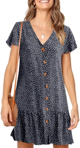 Imysty Womens Polka Dot V Neck Button Down Ruffles Loose Mini Short T-Shirt Dress