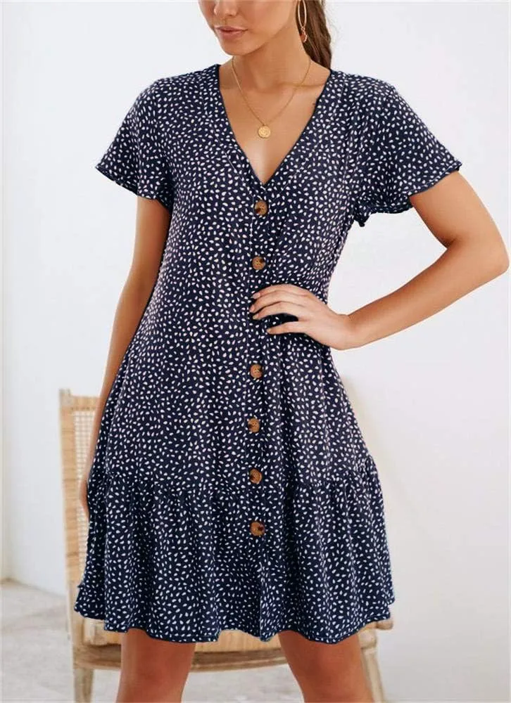 Imysty Womens Polka Dot V Neck Button Down Ruffles Loose Mini Short T-Shirt Dress