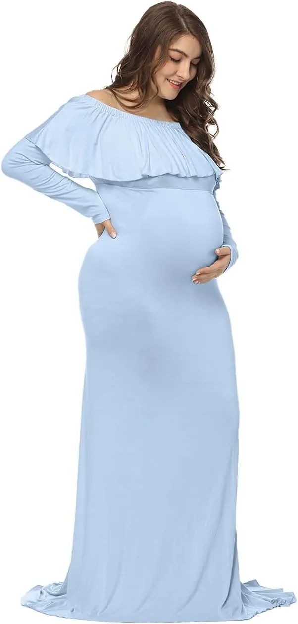 JustVH Maternity Fitted Elegant Gown Long Sleeve Off Shoulder Ruffles Maxi Photography Dress for Photoshoot
