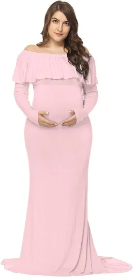 JustVH Maternity Fitted Elegant Gown Long Sleeve Off Shoulder Ruffles Maxi Photography Dress for Photoshoot