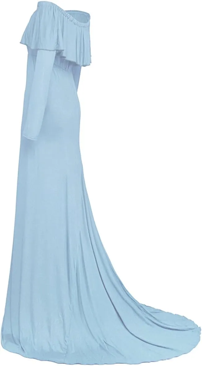 JustVH Maternity Fitted Elegant Gown Long Sleeve Off Shoulder Ruffles Maxi Photography Dress for Photoshoot