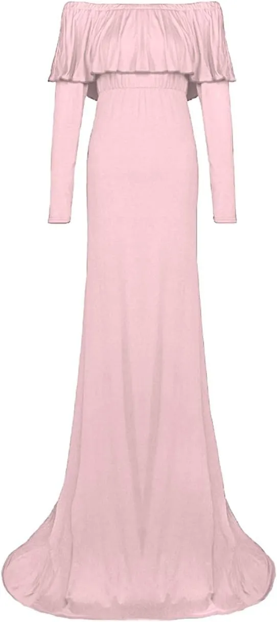 JustVH Maternity Fitted Elegant Gown Long Sleeve Off Shoulder Ruffles Maxi Photography Dress for Photoshoot