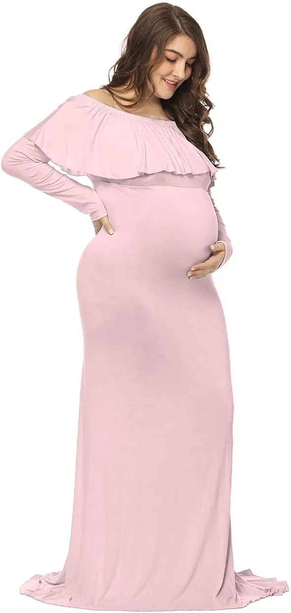 JustVH Maternity Fitted Elegant Gown Long Sleeve Off Shoulder Ruffles Maxi Photography Dress for Photoshoot