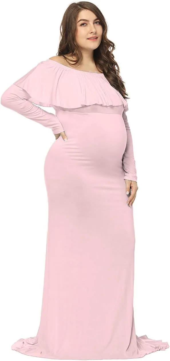 JustVH Maternity Fitted Elegant Gown Long Sleeve Off Shoulder Ruffles Maxi Photography Dress for Photoshoot