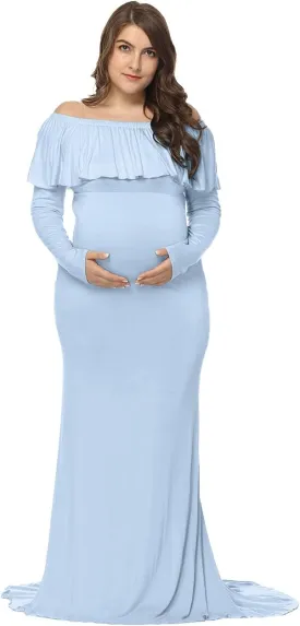 JustVH Maternity Fitted Elegant Gown Long Sleeve Off Shoulder Ruffles Maxi Photography Dress for Photoshoot